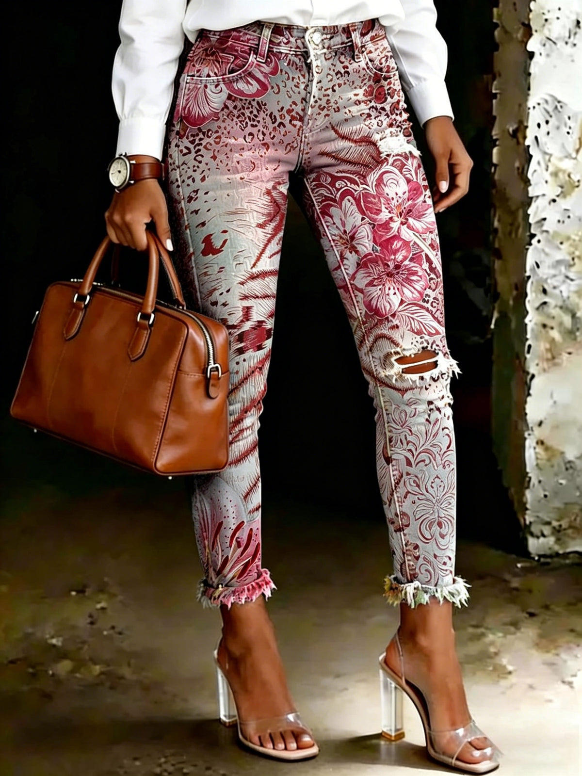 Women's Vintage Ethnic-print Artistic-print Jeans With Pockets