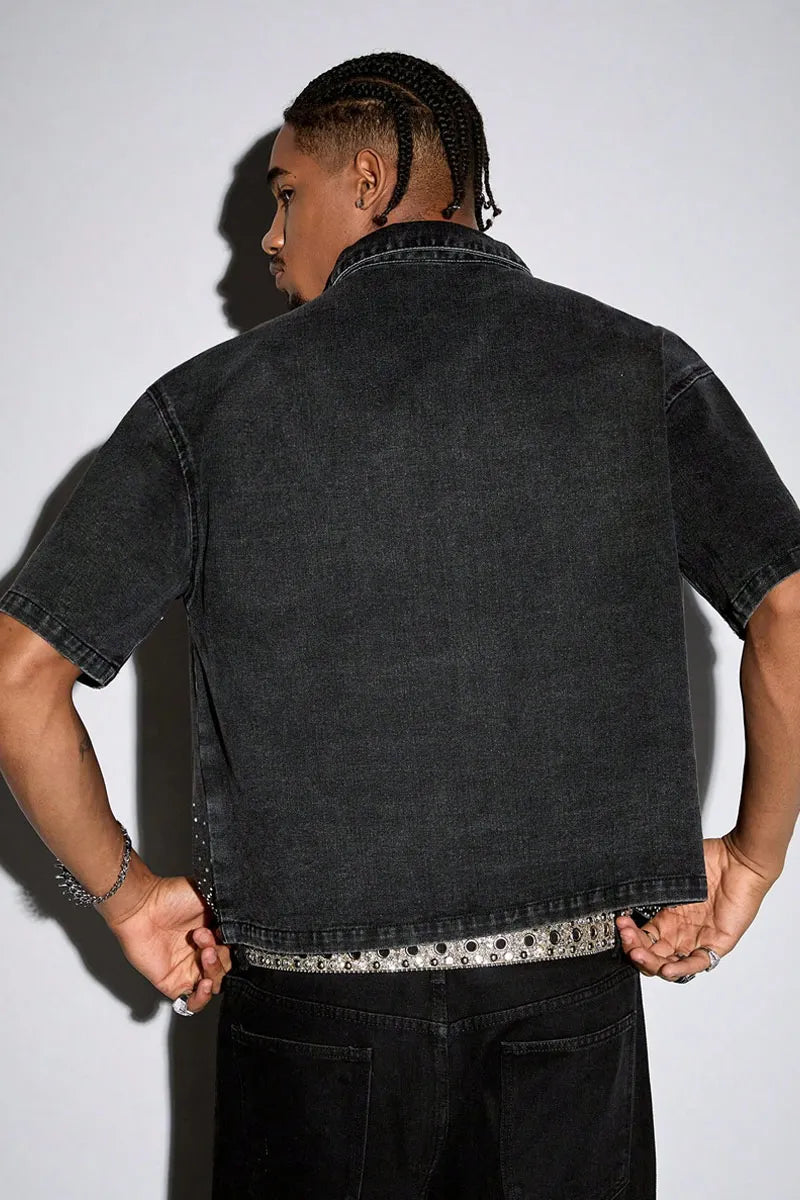 Men's Rhinestone Pattern Cropped Denim Shirt