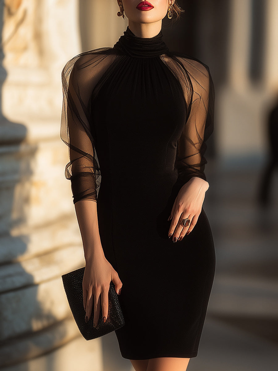 Sheer-Sleeve High-Neck Cocktail Dress