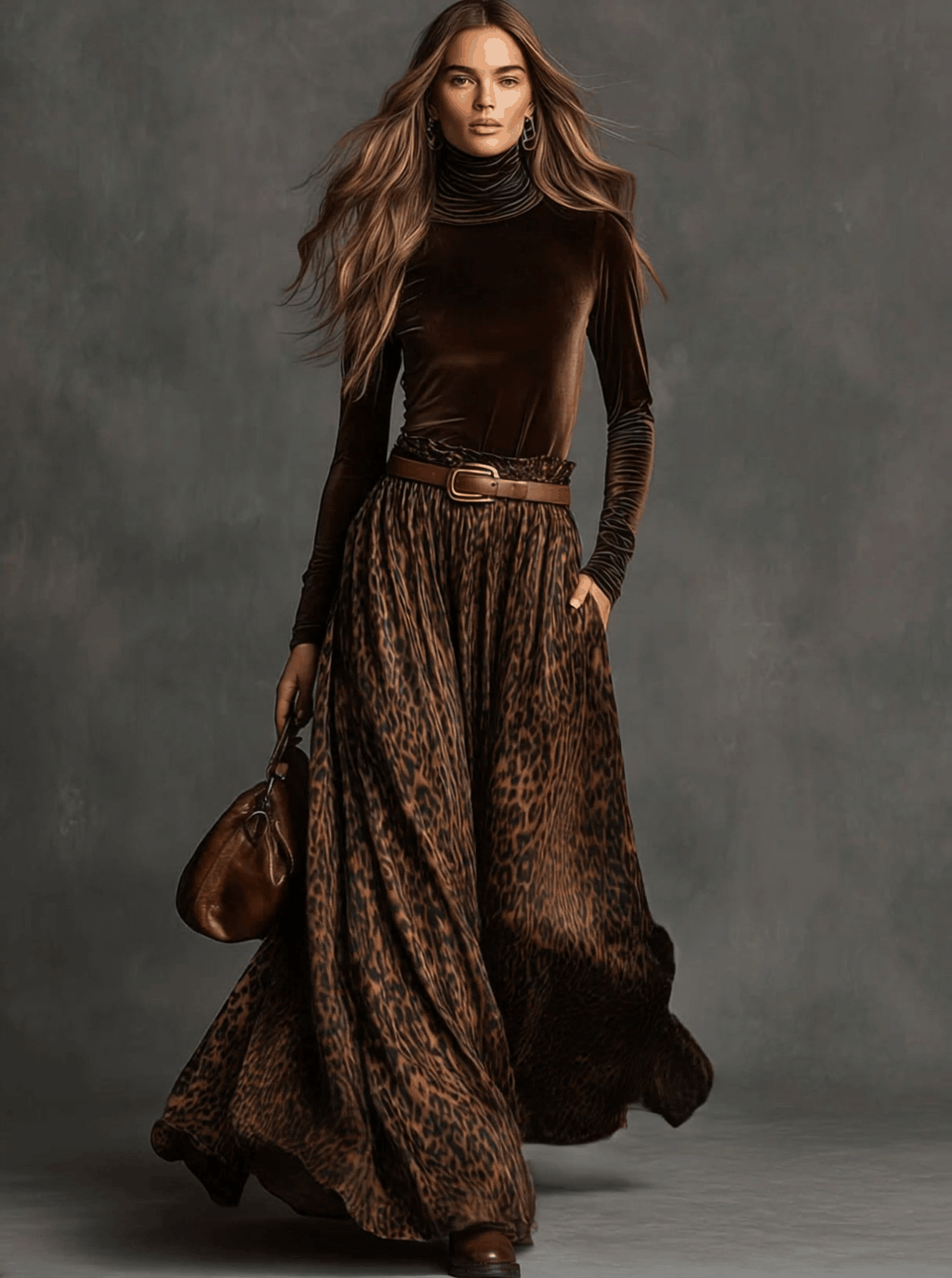 Vintage Turtleneck Velvet Top And Leopard Print Skirt Set