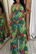 Women's Elegant Printed Backless Denim Jumpsuit