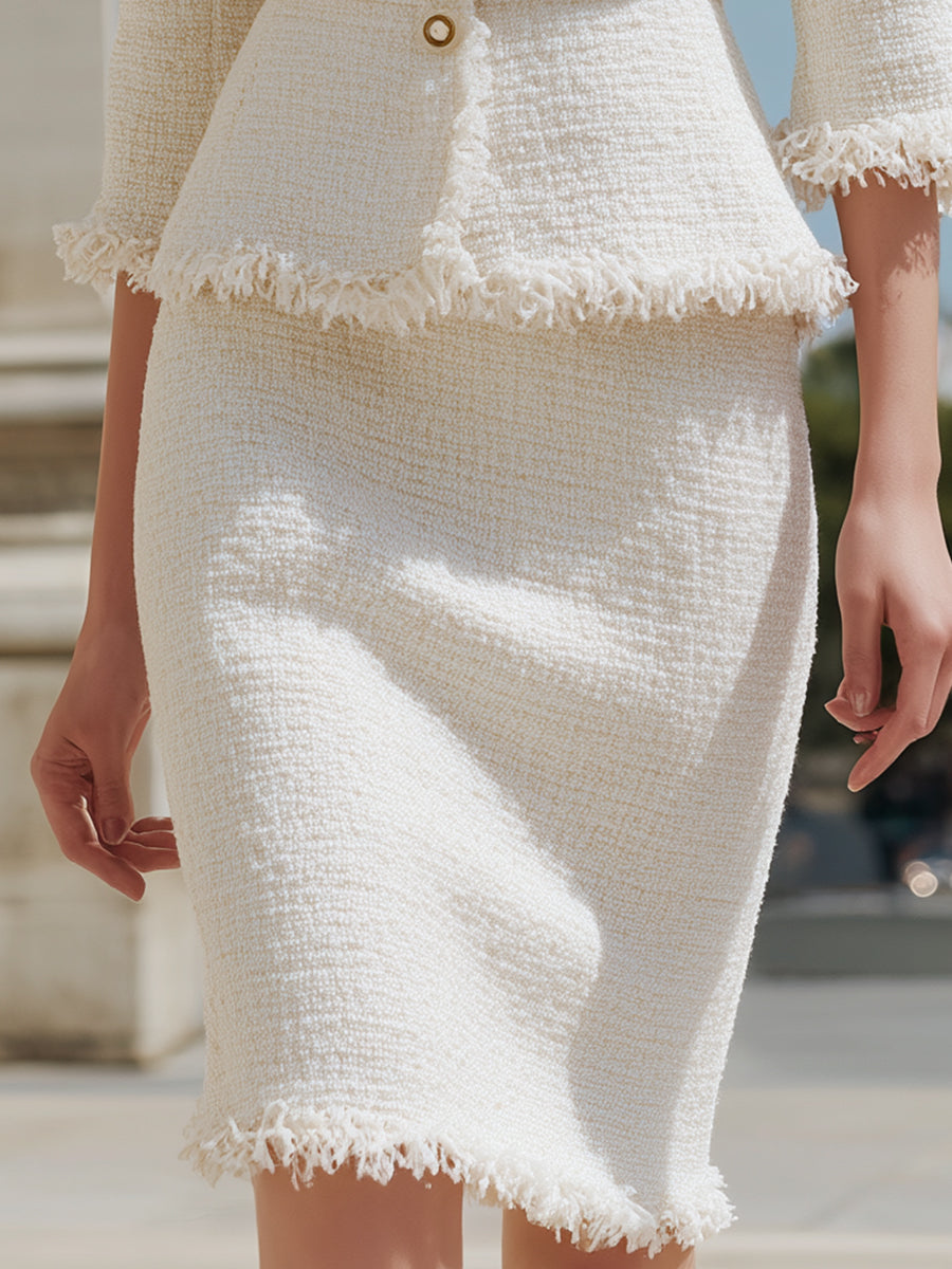 Ivory Fringed Tweed Jacket & Pencil Skirt Two-Piece Set