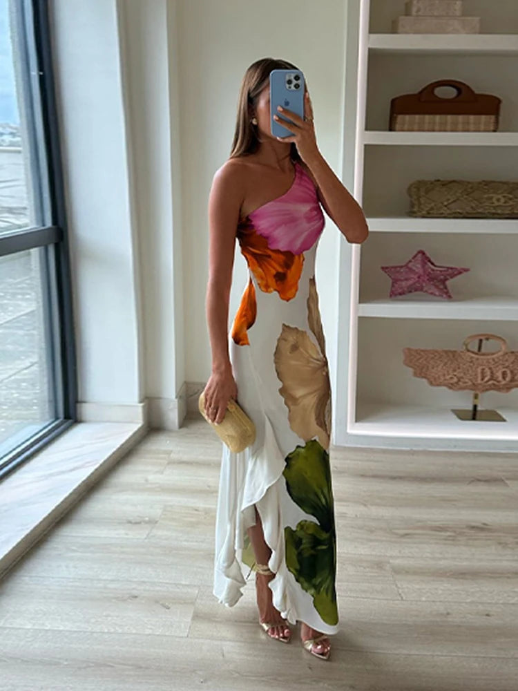 Florenia Asymmetric Floral Midi Dress – Sleeveless Bodycon Ruffle Hem Summer Holiday Dress