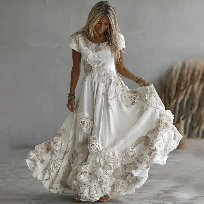 Women's Vintage White Rose Embroidery Art Round Neck Short Sleeve Maxi Dress