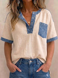 Women's V-neck Short Sleeve Casual Loose Patchwork Top