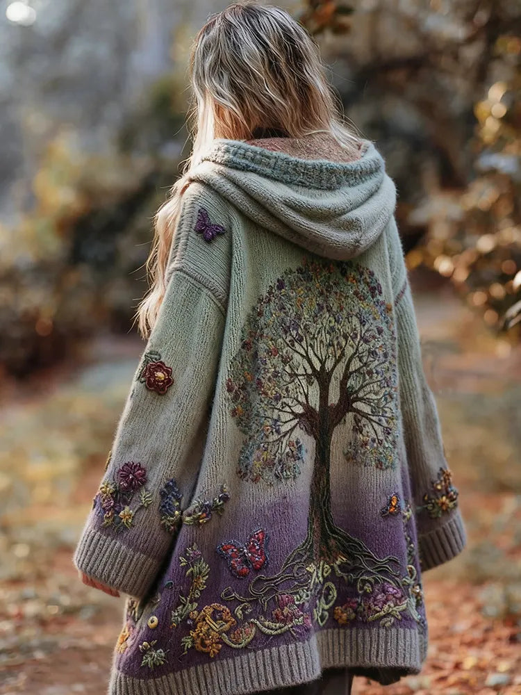 Women's Tree Of Life Floral Gradient Cozy Pocket Hooded Cardigan