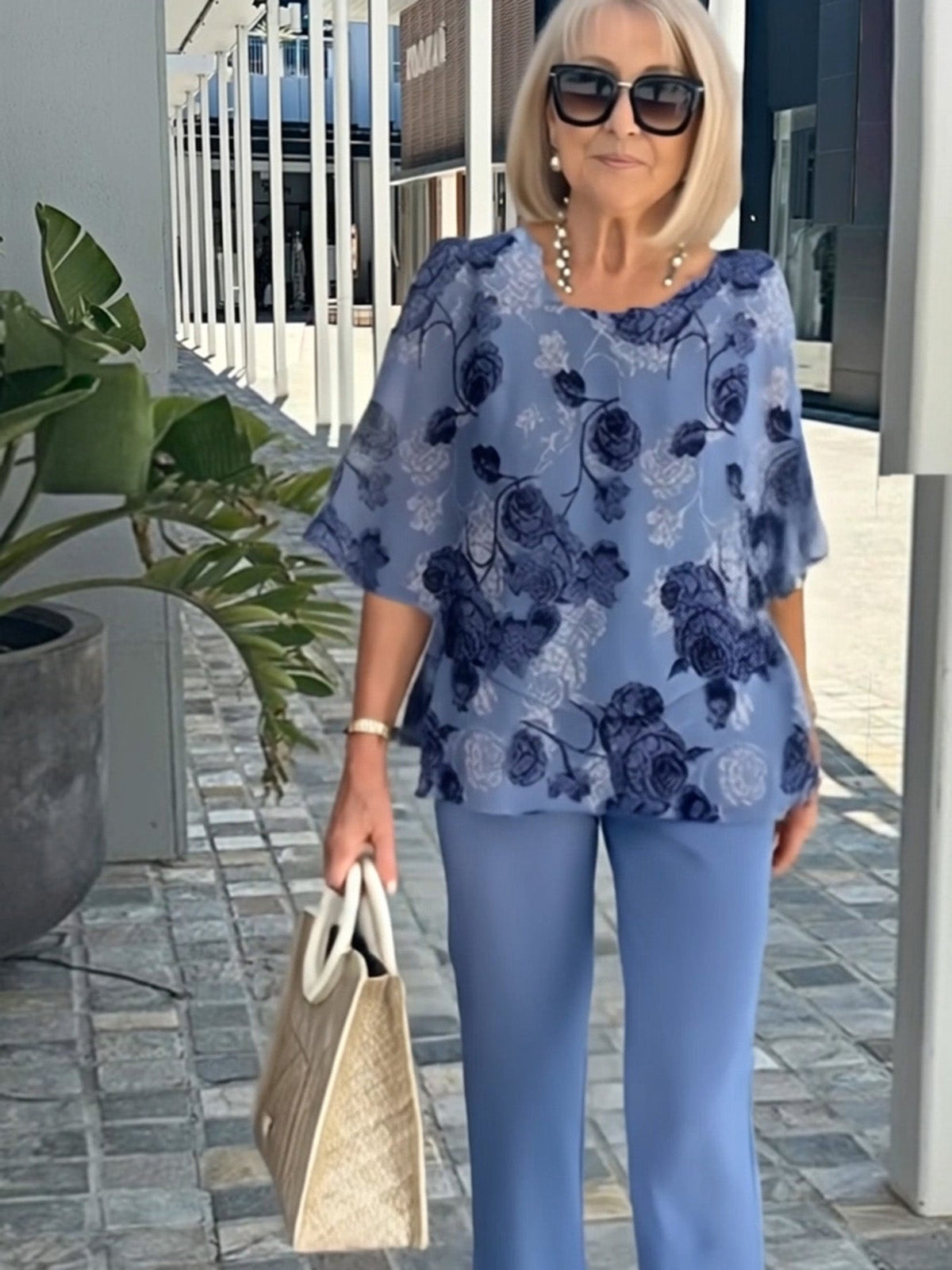 Casual Crew Neck Medium Sleeve Top Printed Floral Pants Set Two-piece Set