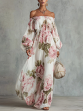 White And Pink Floral Print Off-shoulder Chiffon Maxi Dress
