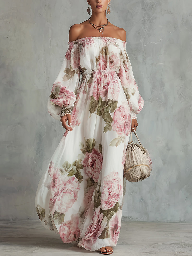 White And Pink Floral Print Off-shoulder Chiffon Maxi Dress