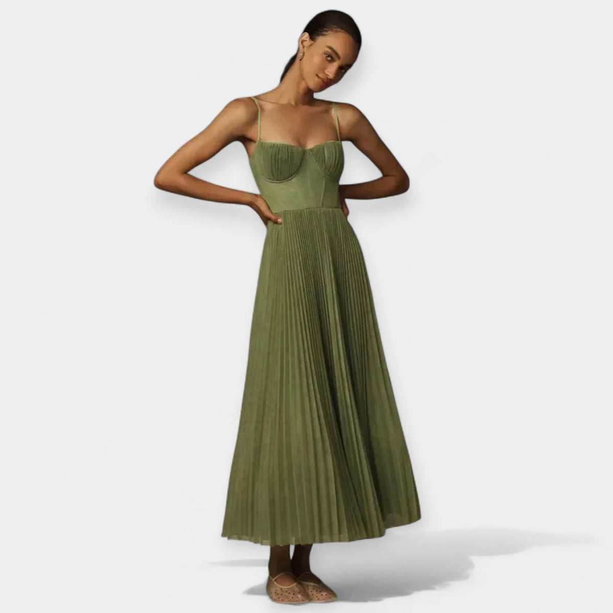 Midi Dress with Pleats and Tulle