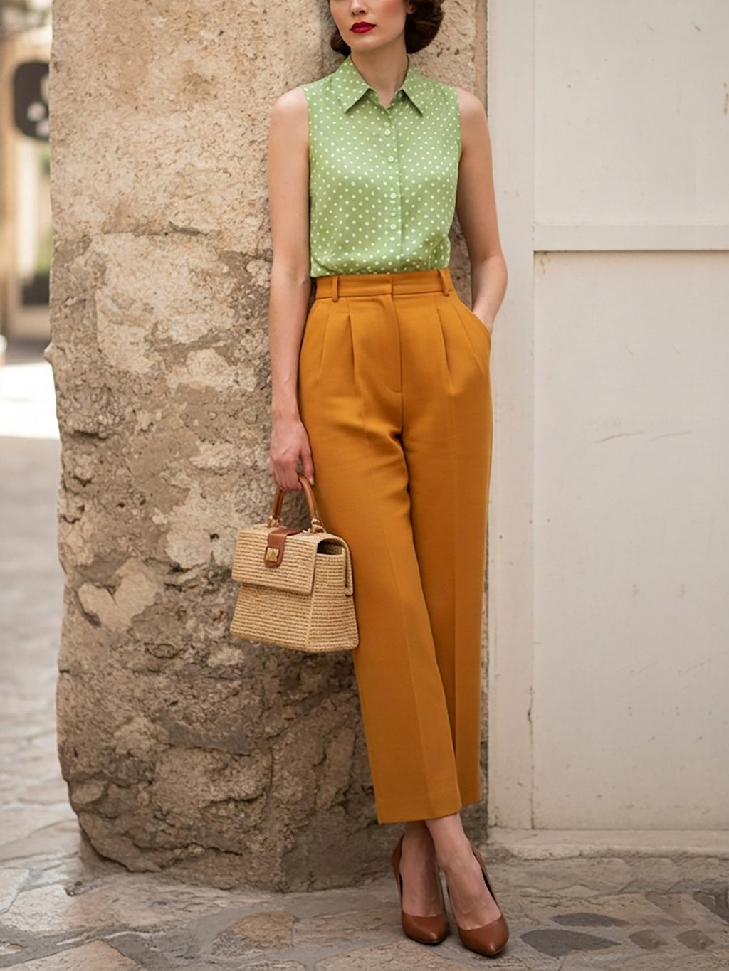 Linen Shirt, Sleeveless, Shawl Collar, Polka Dots, Button Design, French Vintage, Green