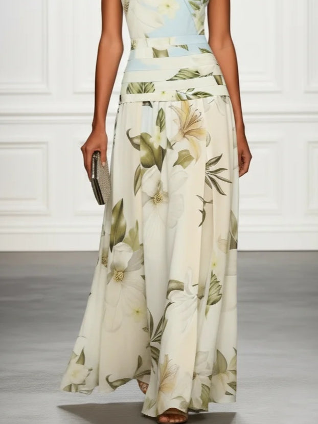 Blue And White Floral Ruffled Boat Neck Sleeveless Maxi Dress
