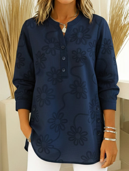 Romantic Floral Embroidered Henley Collar Split Hem Shirt