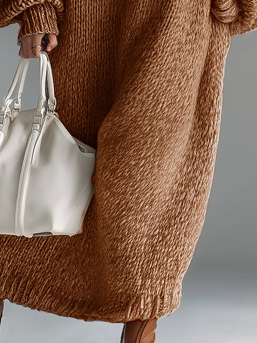 Elegant Urban Silhouette Round Neck Heathered Khaki Knitted Maxi Dress