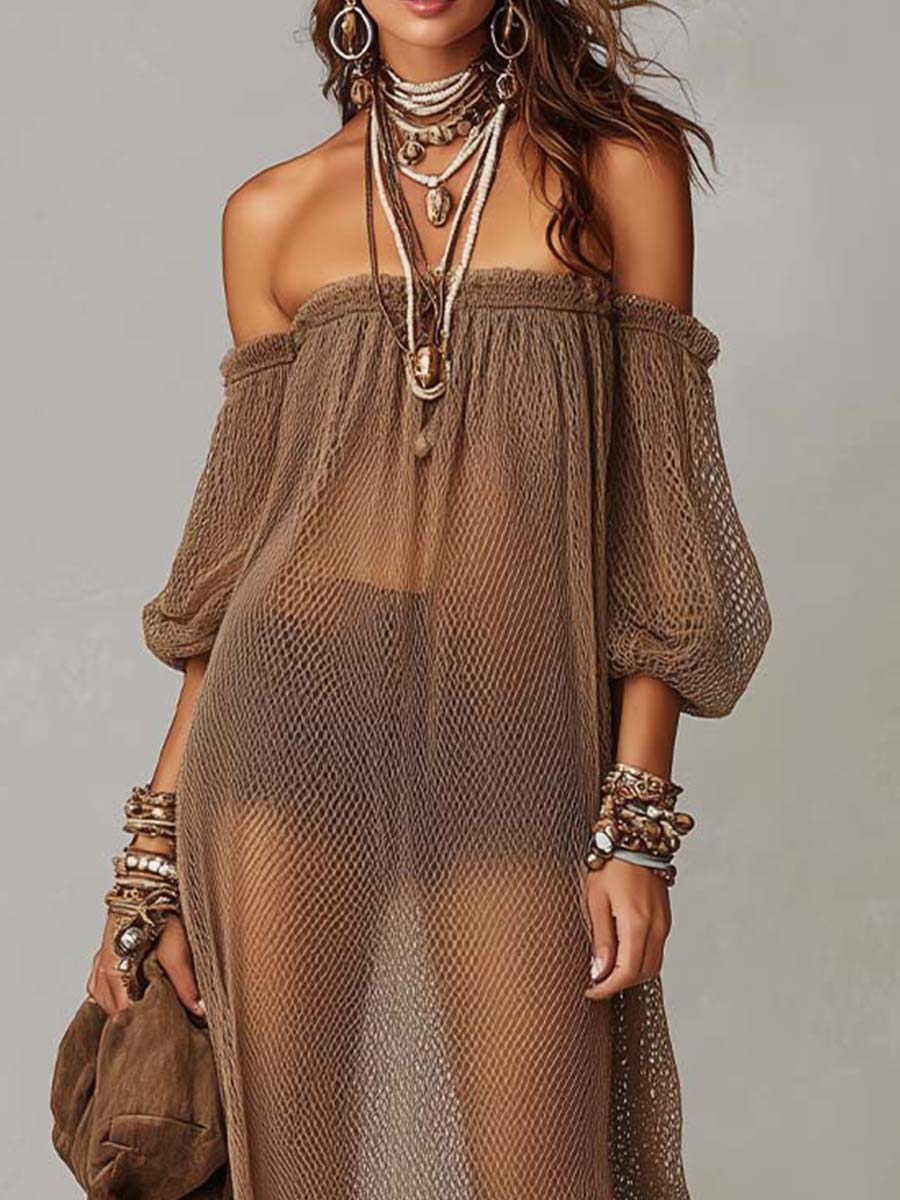 Bohemian Sheer Mesh Off-Shoulder Maxi Dress