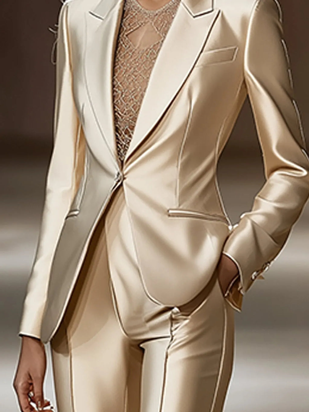 24-Hour-Shipping Chic Beige Satin Blazer