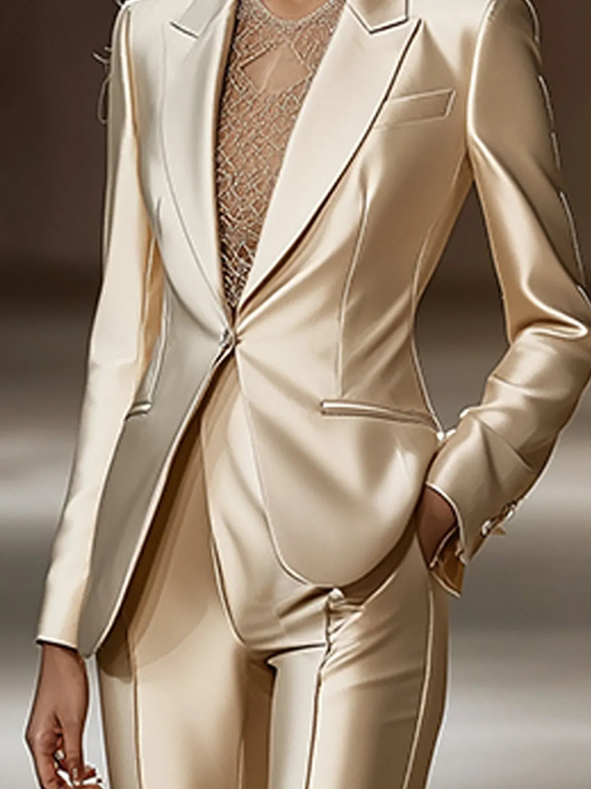 24-Hour-Shipping Chic Beige Satin Blazer