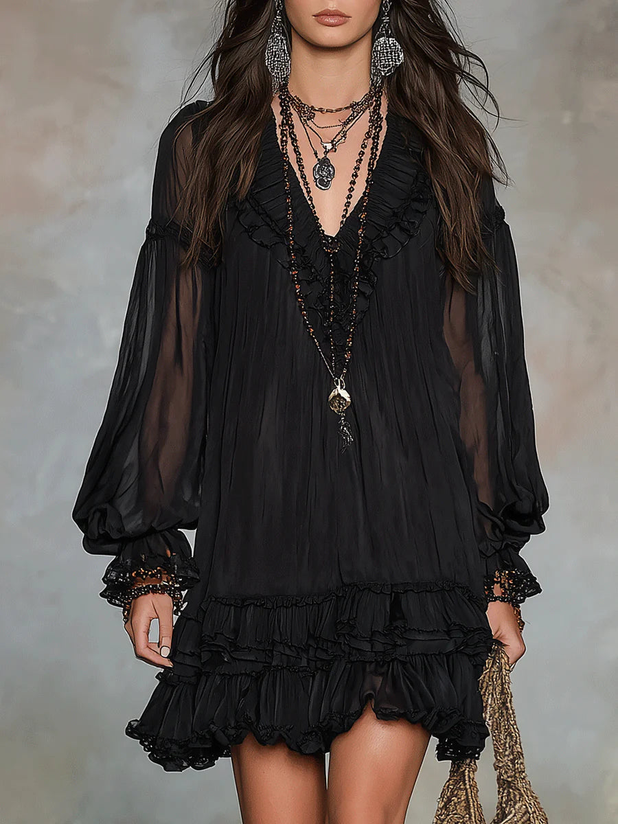 Black V-neck Lantern Sleeve Ruffled Chiffon Mini Dress