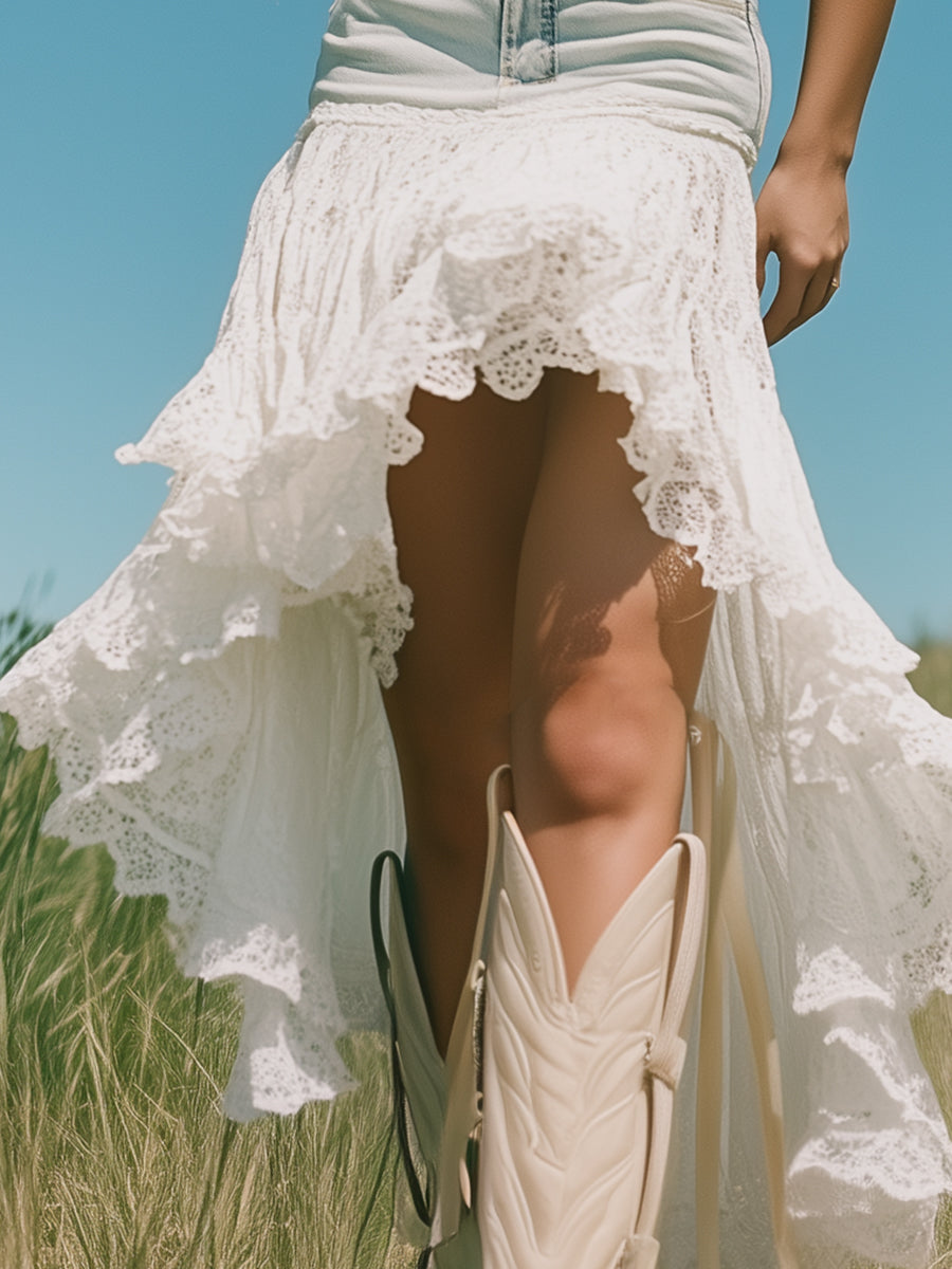 【24-hour shipping out】Romantic And Fashionable Short Front And Long Back Lace Patchwork Denim Skirt