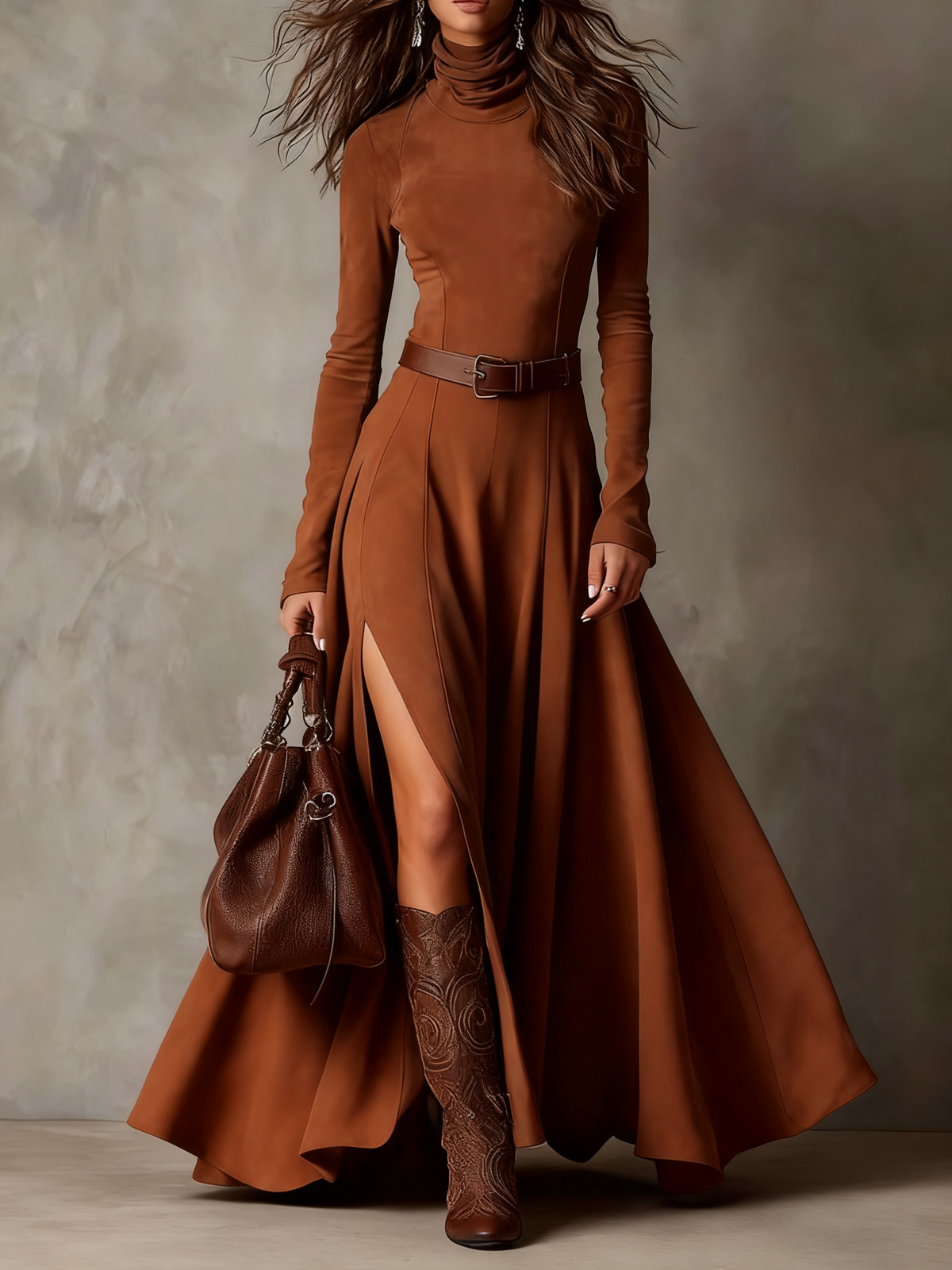 Dark Brown Faux Suede Turtleneck Long Sleeve Slit Maxi Dress(Including belt)