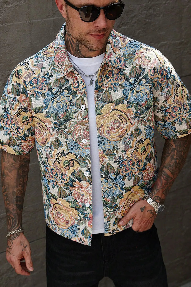 Men OVintage Floral Tapestry Jacquard Short Sleeve Button Down Shirt