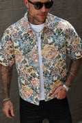 Men OVintage Floral Tapestry Jacquard Short Sleeve Button Down Shirt