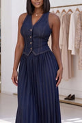 Women's Elegant Denim Vest or Pleated Maxi Skirt