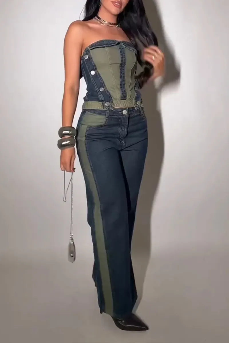 Women's Casual Color Block Denim Bustier or Wide Leg Jeans