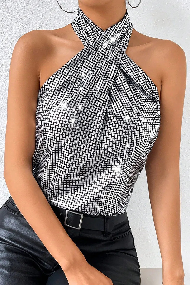 Women's Sequin Bustier Halter Neck Off Shoulder Tops