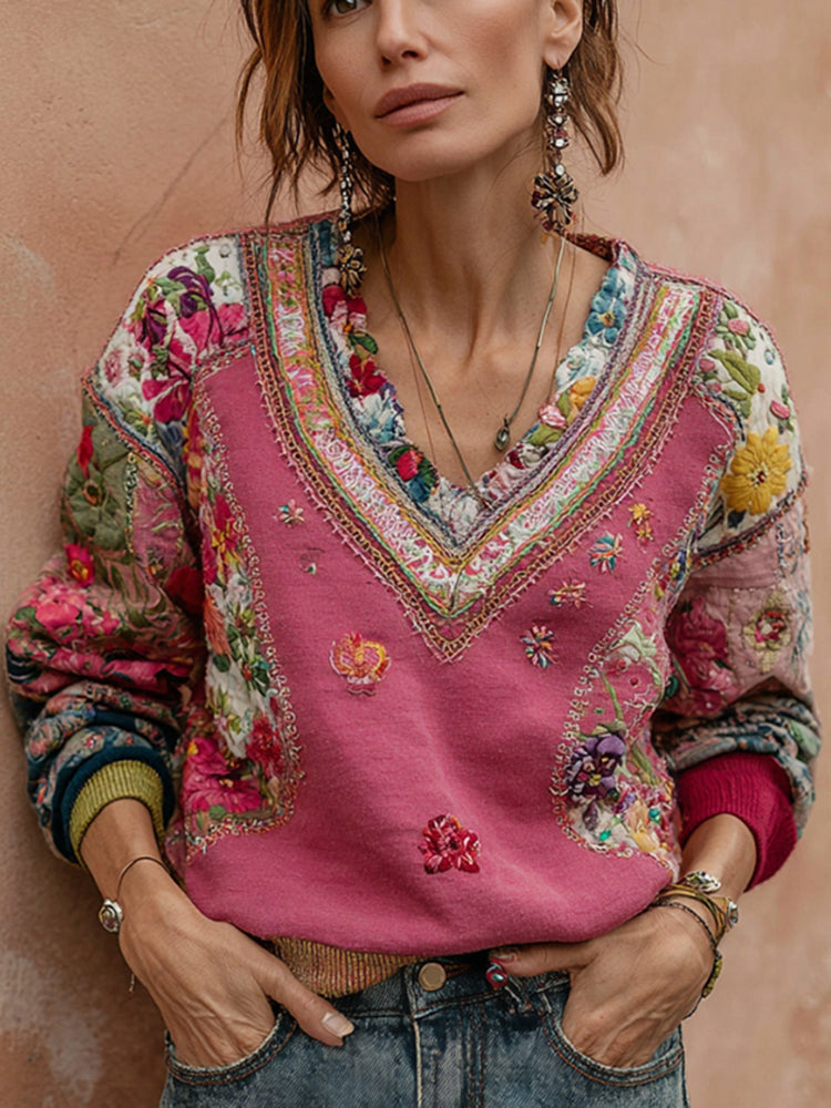 Women's Bohemian Flower Embroidery Art V-neck Casual Sweatshirt
