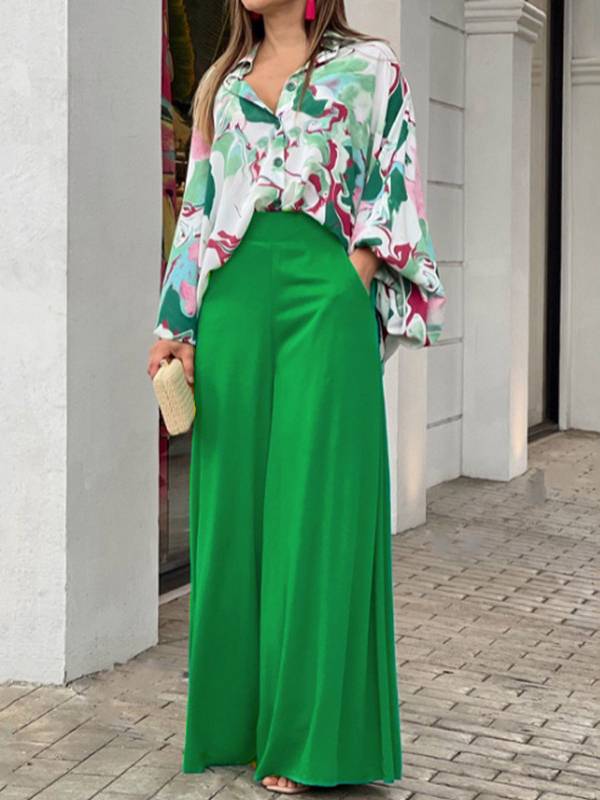 Printed Shirt Wide Leg Pants Suit