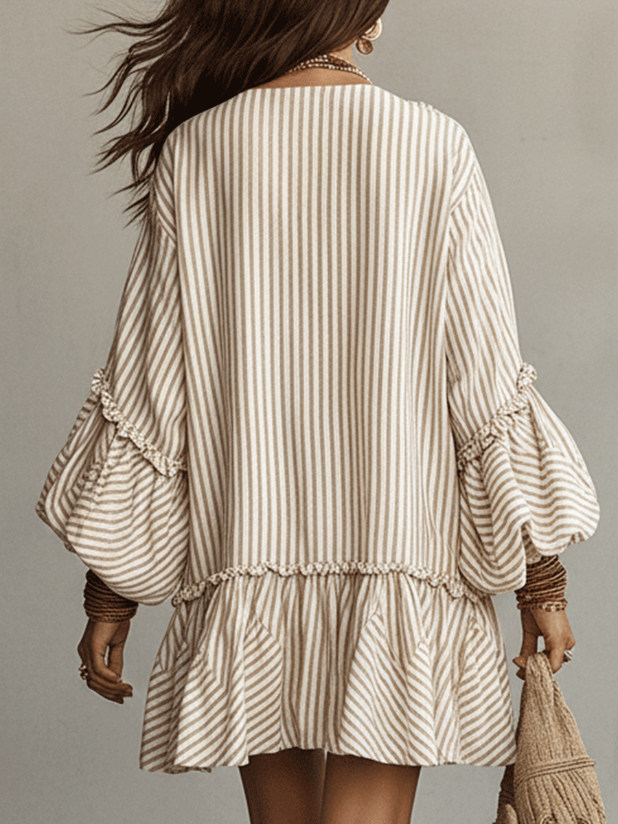 Sand Stripe Ruffled Boho Mini Dress