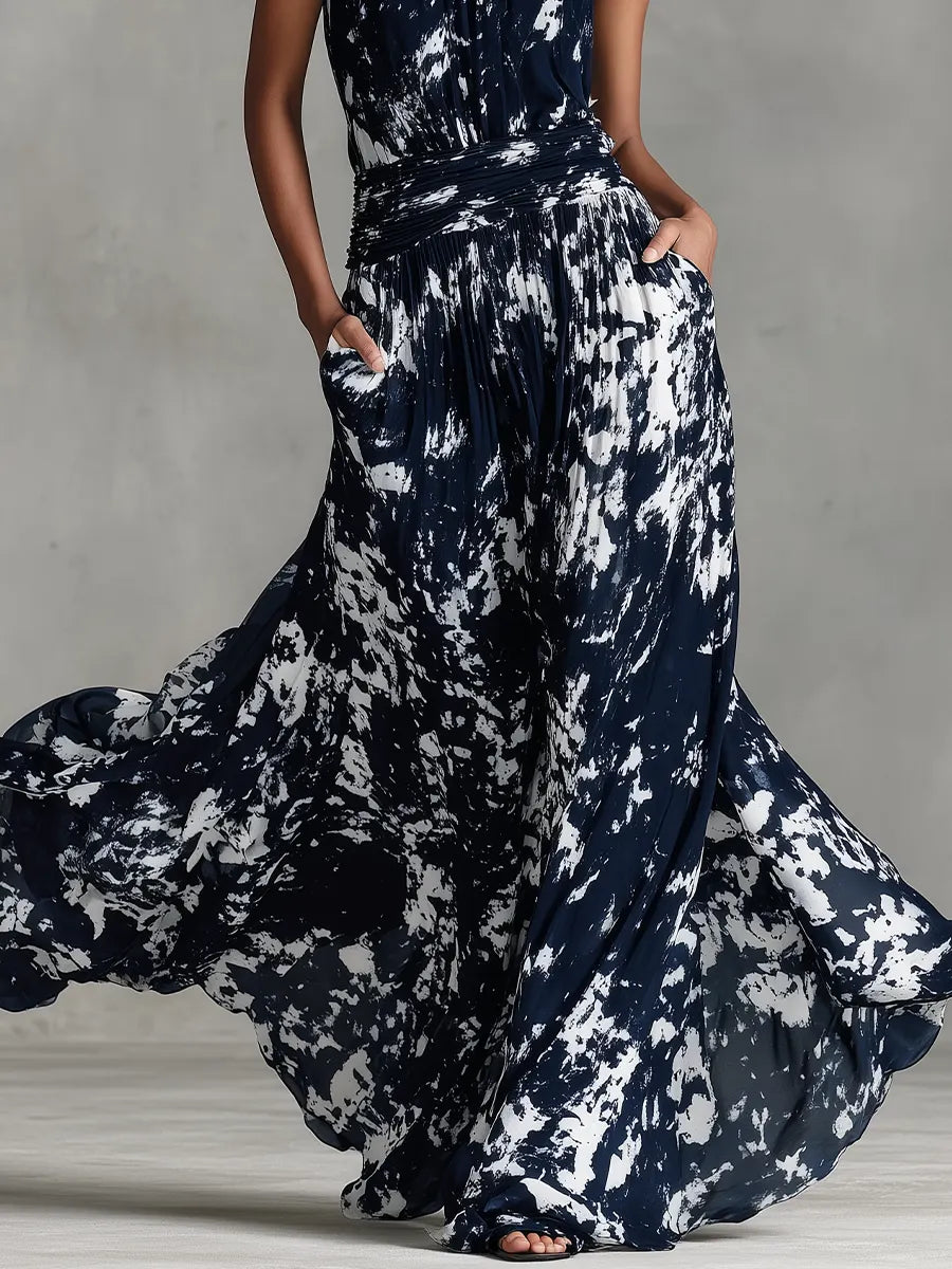 Women's Navy Blue & White Abstract Print Chiffon Dress With Halter Neck & Ruched Waist, Timeless Sexy-Elegant Style Dress MDZ2529B9I