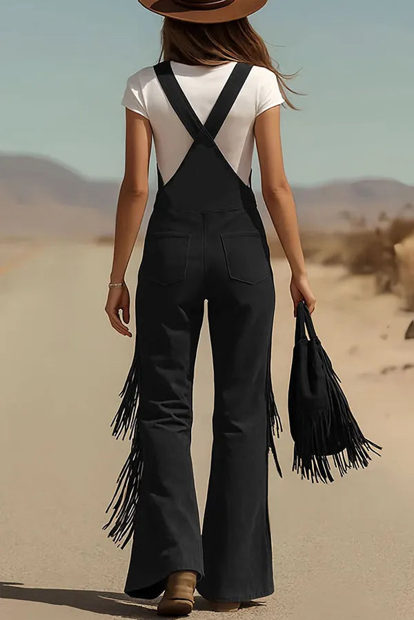 Stylish Suede Tassel Button Pocket Casual Wide-leg Overalls