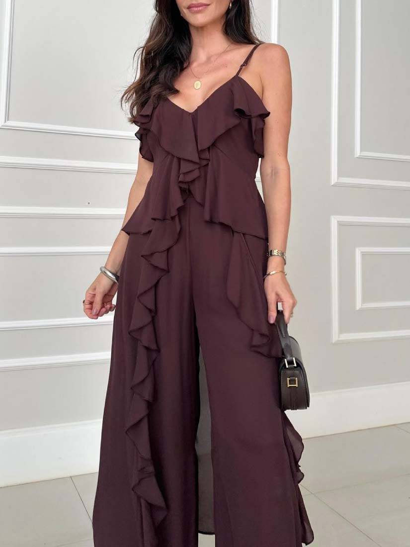 Ruffle Hem Suspender Top And Wide-leg Pants Suit