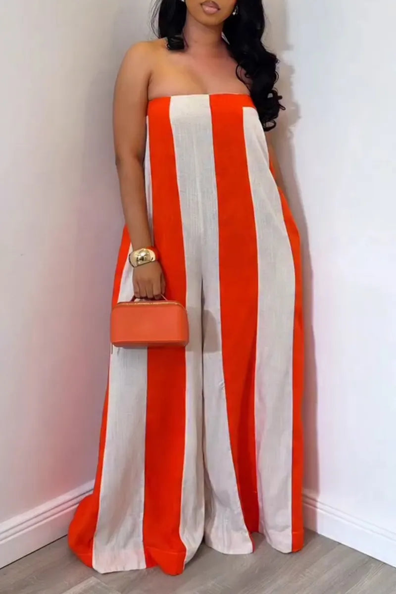 Women's Casual Strapless Wide Stripe Wide Leg Jumpsuit