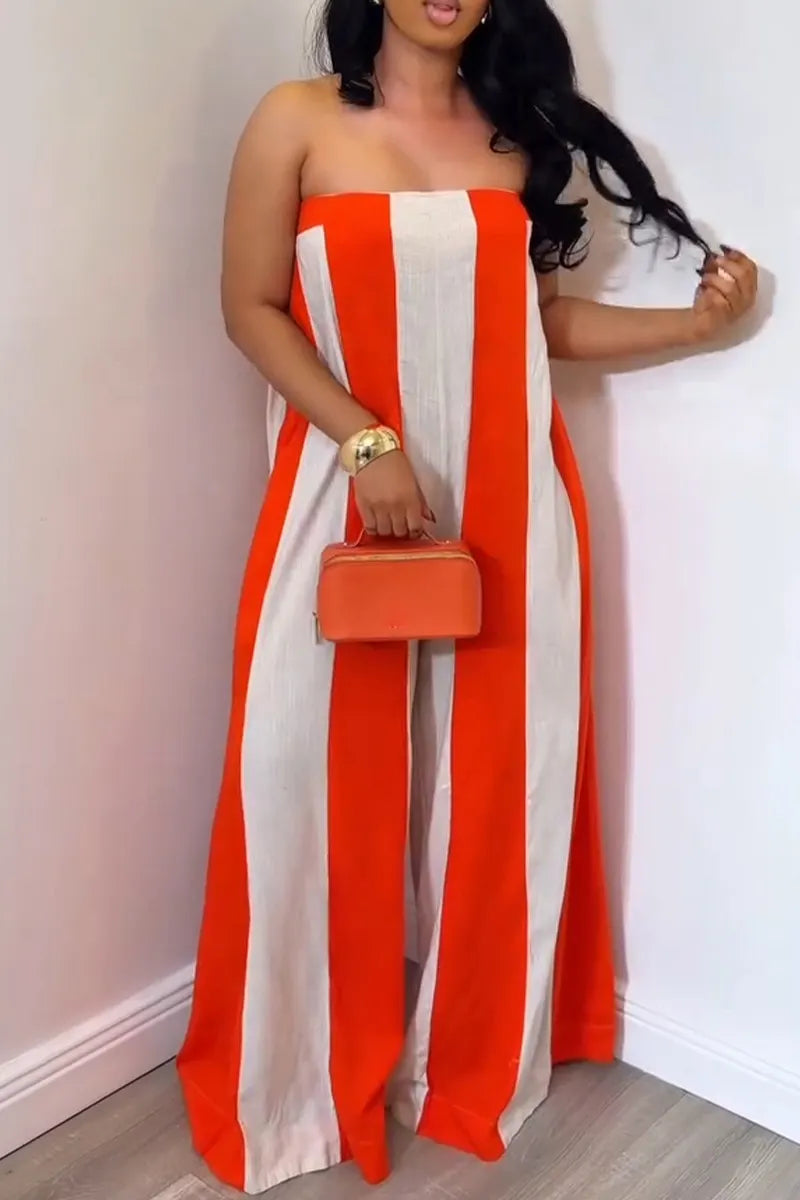 Women's Casual Strapless Wide Stripe Wide Leg Jumpsuit
