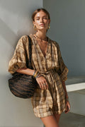 Women's Brown Houndstooth Puff Sleeve Jumpsuit