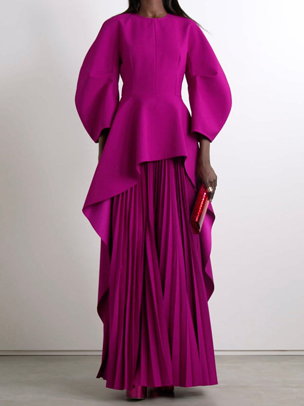 Long Sleeves Loose Pleated Solid Color Split-Joint Tiered Round-Neck Maxi Dresses