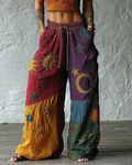 Women's Summer Vacation Star and Moon Embroidered Linen Patchwork Pants  86be