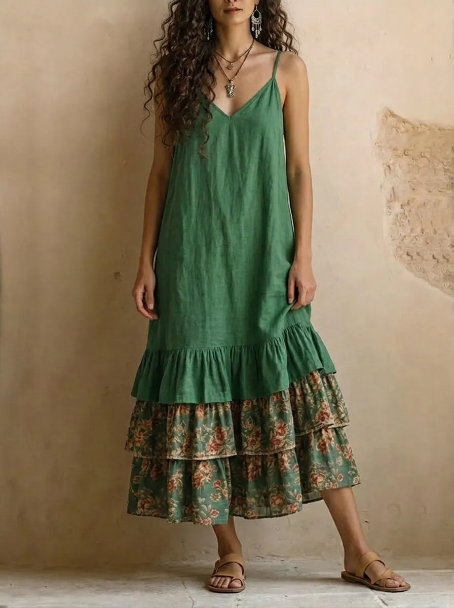 Womenâs Strap Multi-layer Ruffle Pockets Maxi Dress