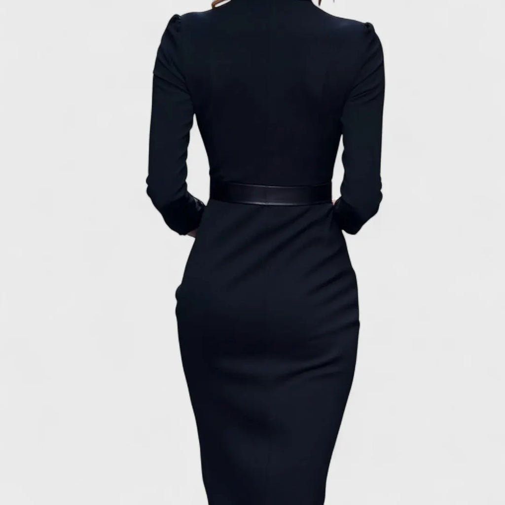 Refined black dress with belt and mandarin collar