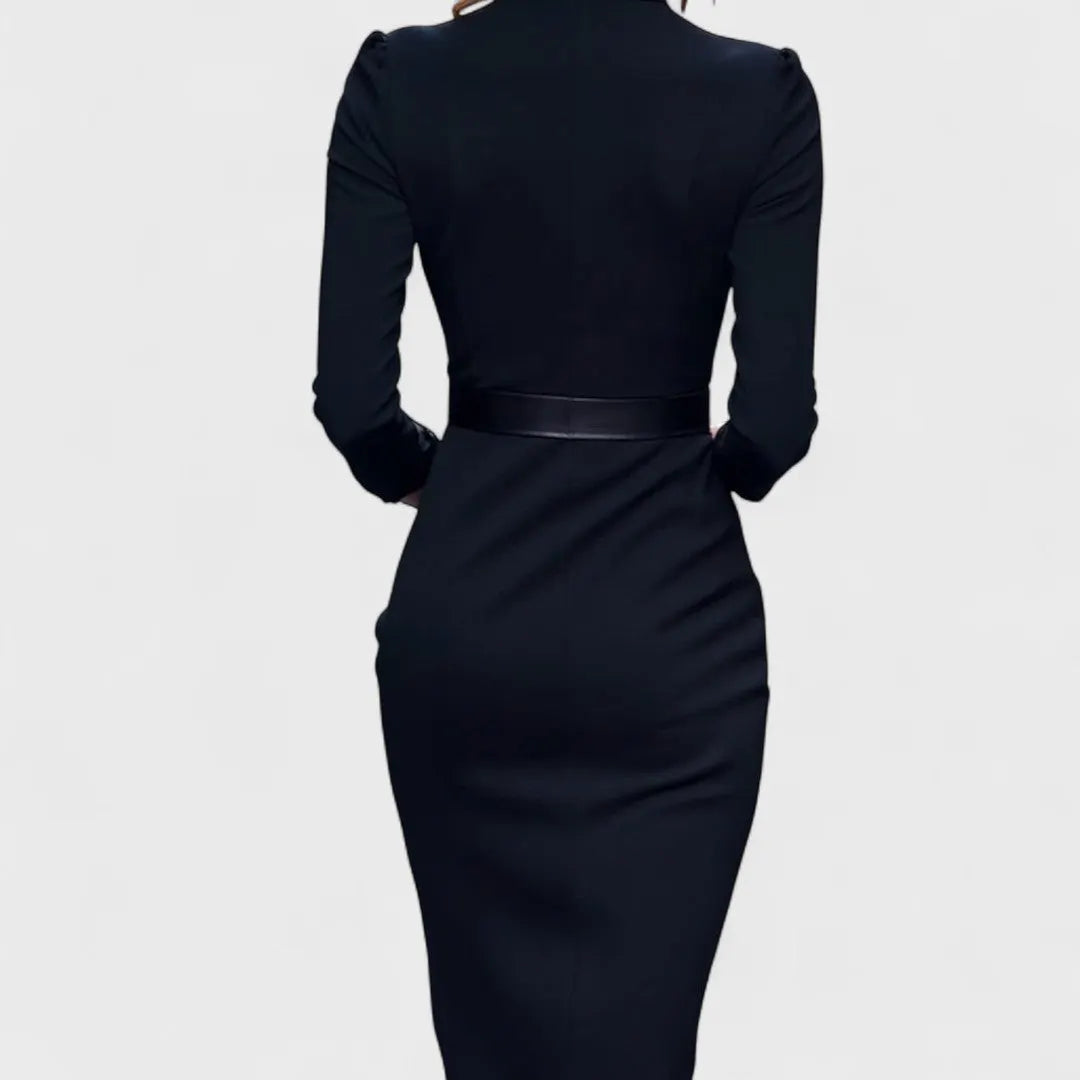 Refined black dress with belt and mandarin collar