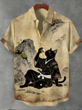 Men's Landscape Drinking Samurai Way Cat Short Sleeve Shirt