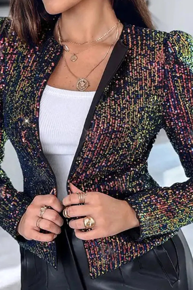 Chic Leopard Print Sequin Covered Long-Sleeve Jacket