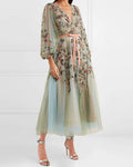Mesh V-neck Printed Midi Dress-01
