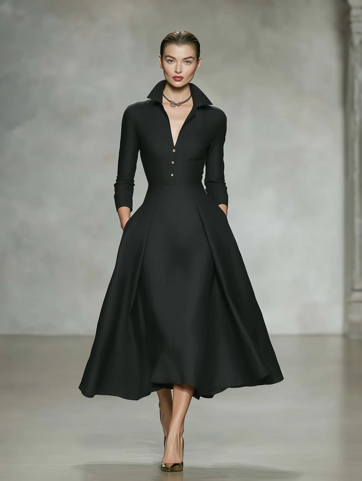 Women's Minimalist Linen-Blend Long-Sleeve Midi Dress With Collar And V-Neck MDZ1529F7WY