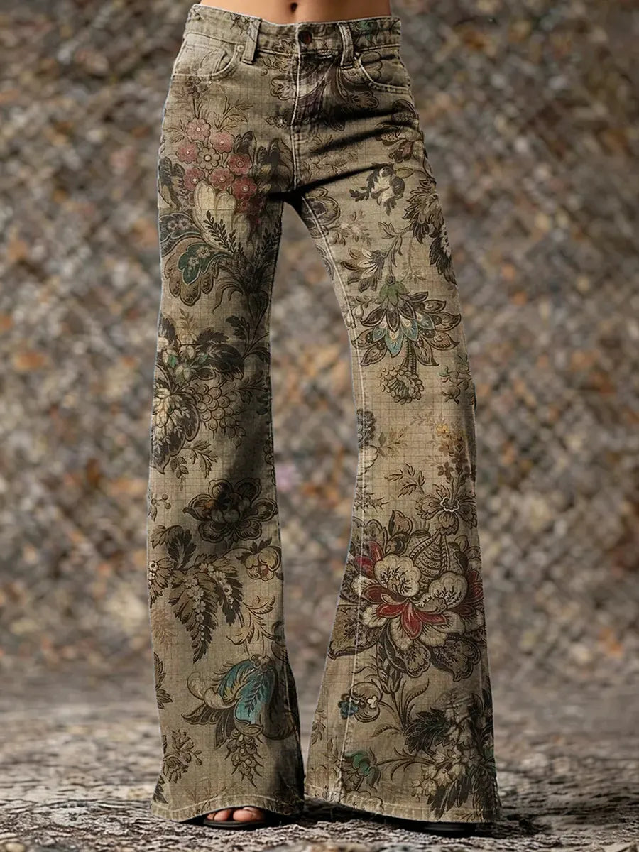 Women's Floral Art Print Casual Washed Pants