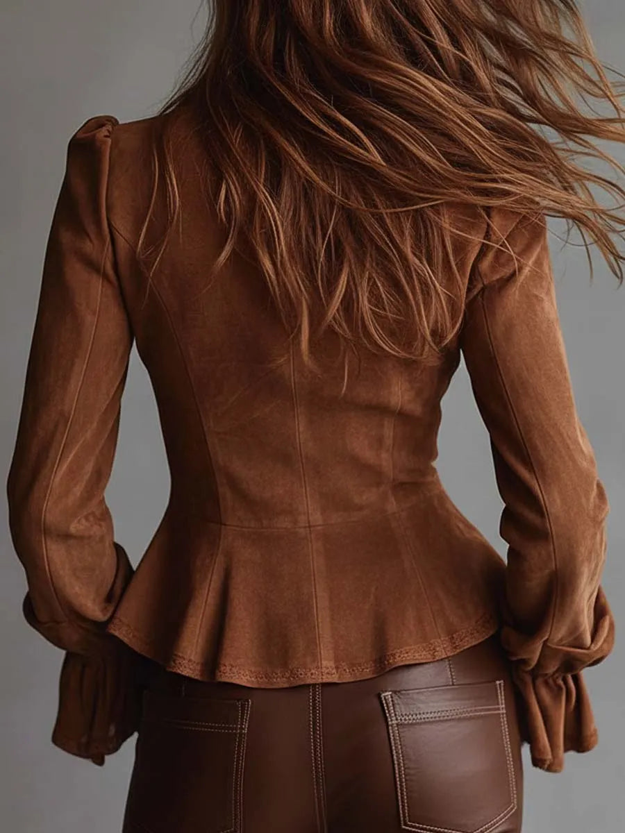 Vintage Caramel Eco-Suede Ruffle Blouse With Lace Trim