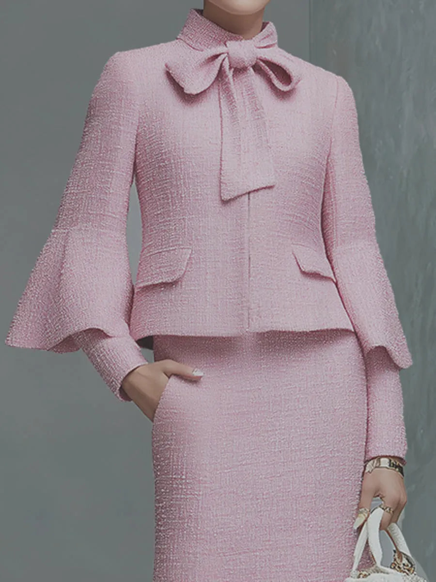 Elegant Neckline Bow Tie Trumpet Sleeve Jacket Skirt Tweed Set